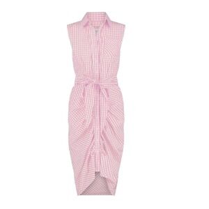 The Shirt Rochelle Behrens Sleeveless Ruched Front‎ Dress Pink Gingham Stripe S